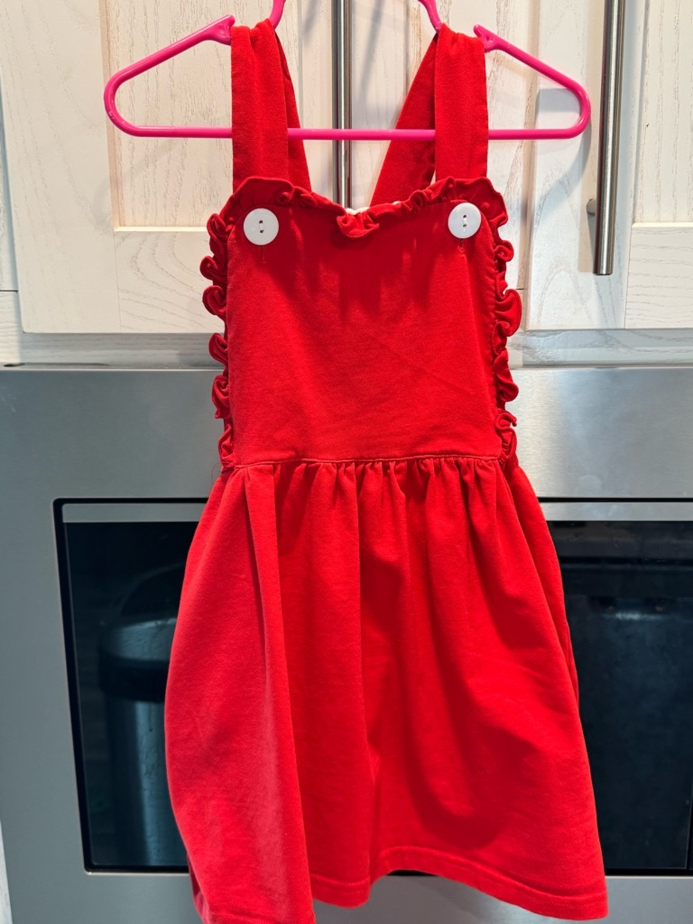 Red Ruffle Strap Dress with White Button Detail
